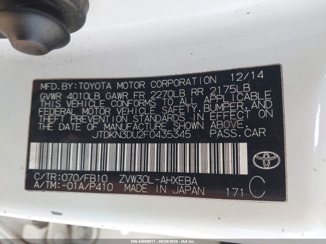Toyota 2zr-fxe+3jm 2015 JTDKN3DU2F0435345 Image 9