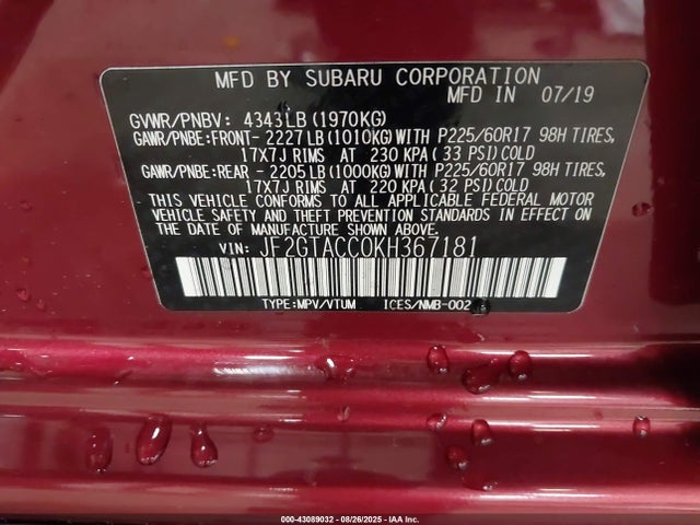 Subaru naturally aspirated 2019 JF2GTACC0KH367181 Image 9