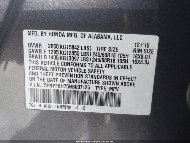 5FNYF6H75HB007125 Honda j35y6