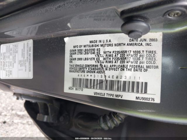 2004 MITSUBISHI ENDEAVOR 4A4MM31S04E023111 Photo 8