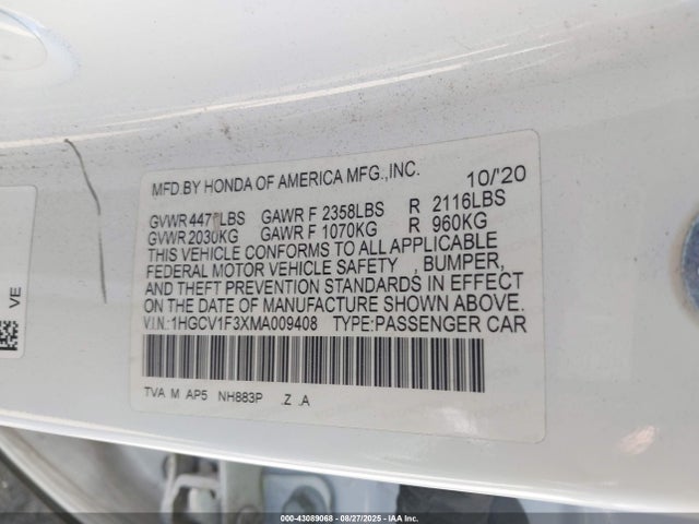 1HGCV1F3XMA009408 Honda l15be