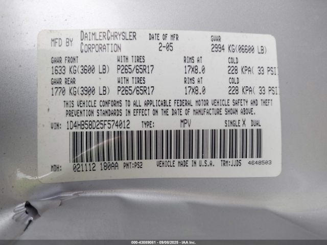 2005 DODGE DURANGO 1D4HB58D25F574012 Photo 8