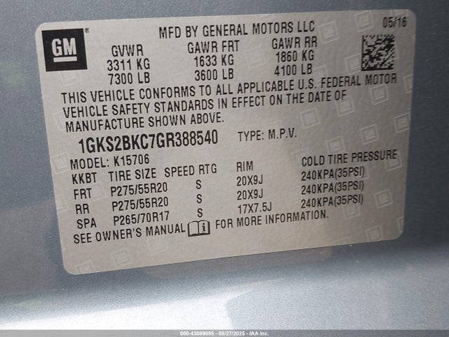 1GKS2BKC7GR388540 GMC l83 - sidi, vvt, afm, e85 max, aluminum