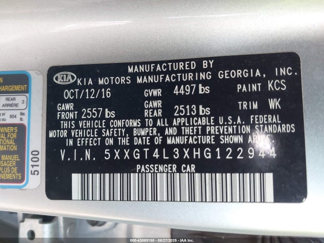 5XXGT4L3XHG122944 KIA g 2.4 dohc gdi