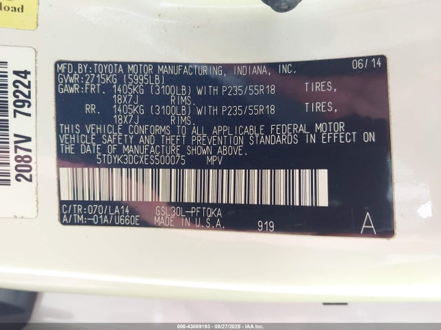 5TDYK3DCXES500075 Toyota 2gr-fks