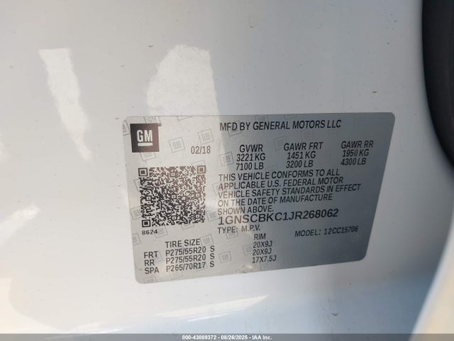1GNSCBKC1JR268062 Chevrolet l83 - spark ignited direct injection, variable valve timing, afm, e85 max, alum