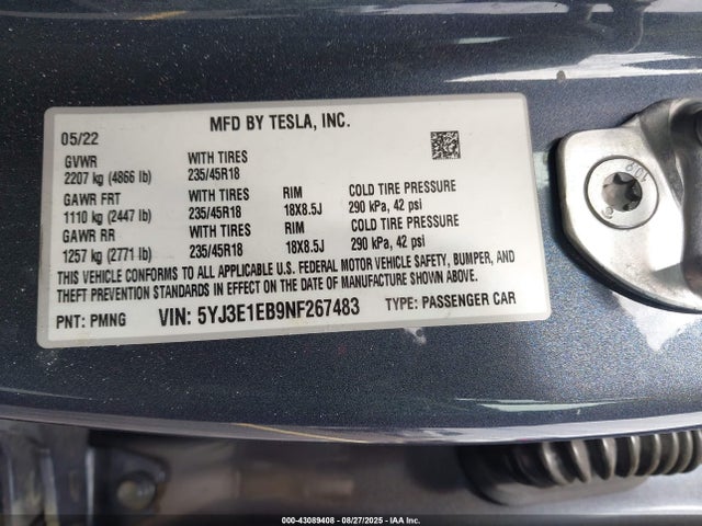 2022 TESLA MODEL 3 5YJ3E1EB9NF267483 Photo 8