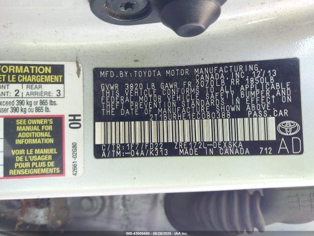 Toyota 2zr-fe 2014 2T1BURHE1EC080388 Image 9