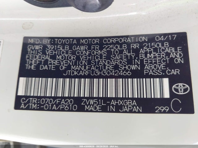 JTDKARFU3H3042466 Toyota 2zr-fxe,1nm