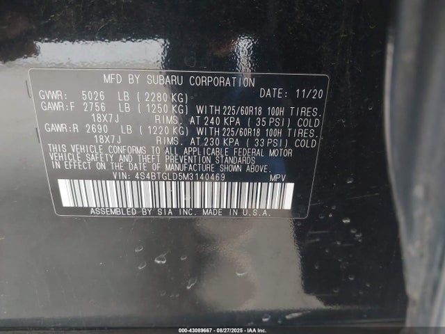 4S4BTGLD5M3140469 Subaru Outback