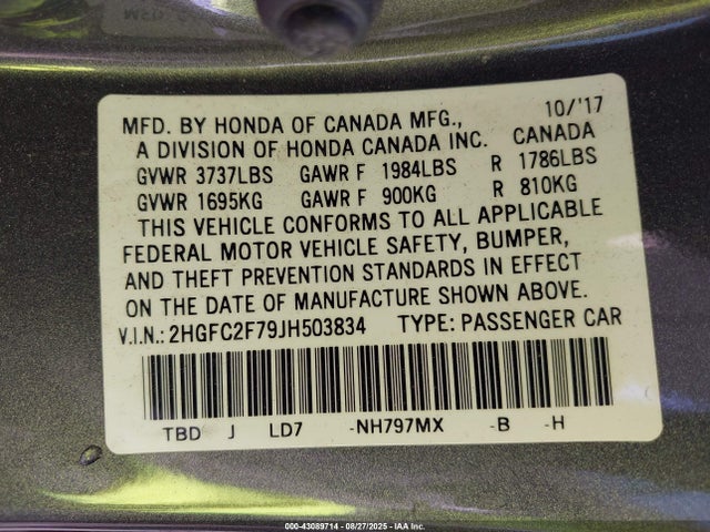 Honda k20c2 2018 2HGFC2F79JH503834 Image 9