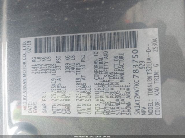 2019 NISSAN ROGUE 5N1AT2MV7KC783750 Photo 8