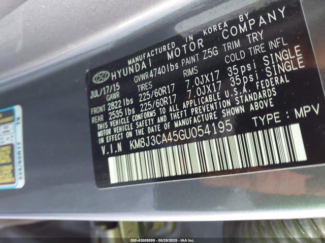 KM8J3CA45GU054195 Hyundai 2016