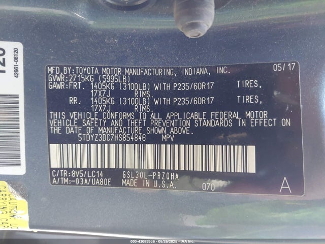 Toyota 2gr-fks 2017 5TDYZ3DC7HS854846 Image 9