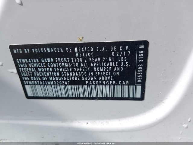 3VWDB7AJ1HM320347 Volkswagen 1.4 tsi