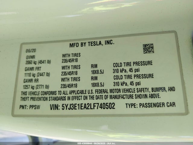 5YJ3E1EA2LF740502 Tesla MODEL 3