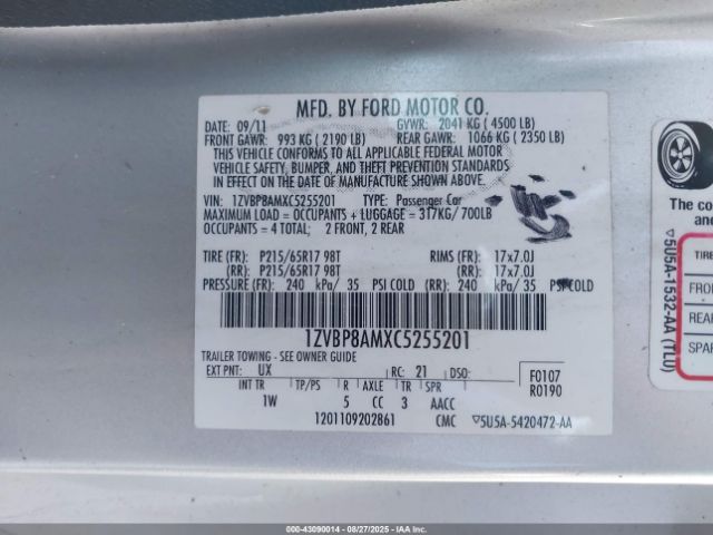 2012 FORD MUSTANG 1ZVBP8AMXC5255201 Photo 8