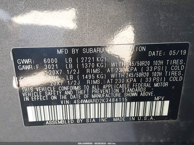 4S4WMARD2K3484115 Subaru 2019