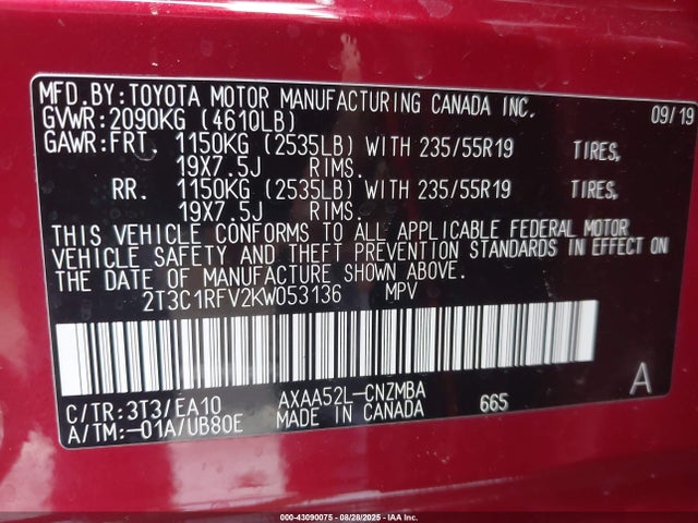 2T3C1RFV2KW053136 Toyota a25a-fks