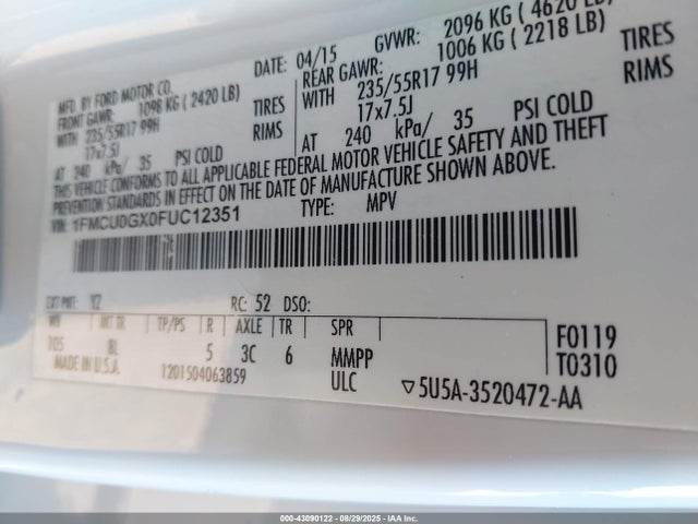 1FMCU0GX0FUC12351 Ford Escape