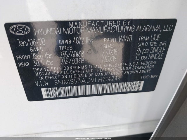 5NMS53AD9LH214244 Hyundai gdi theta ii