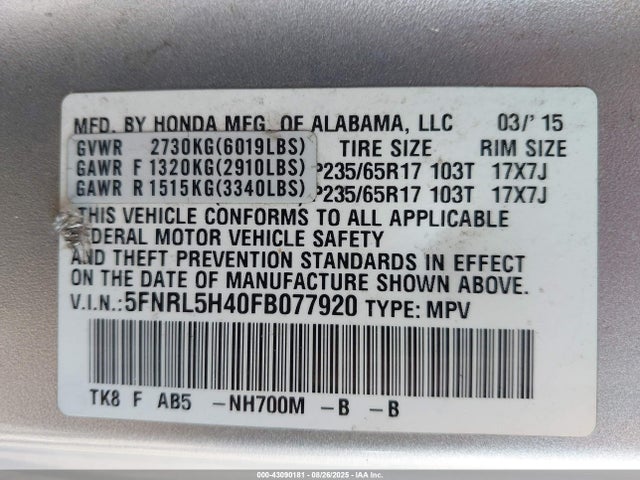 Honda j35z8 2015 5FNRL5H40FB077920 Image 9