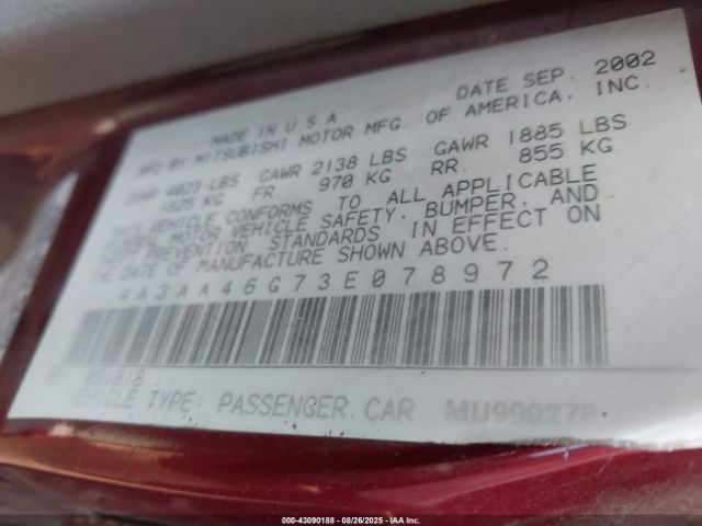 2003 MITSUBISHI GALANT 4A3AA46G73E078972 Photo 8