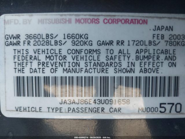 2003 MITSUBISHI LANCER JA3AJ86E43U091658 Photo 8
