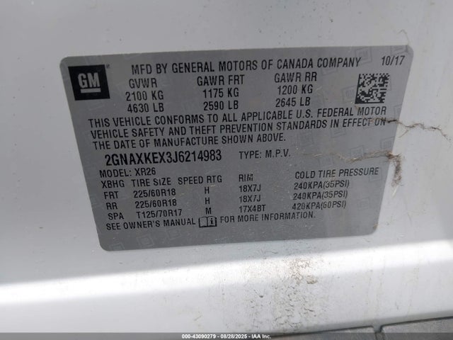 2GNAXKEX3J6214983 Chevrolet ltg - spark ignited direct injection, alum dohc, variable valve timing, dcvcp turbo, e0-e100, alum