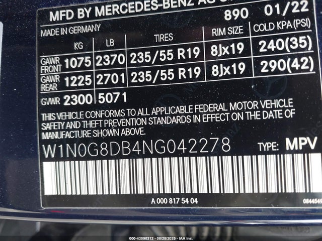 W1N0G8DB4NG042278 Mercedes-Benz m274
