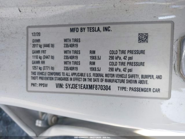 2021 TESLA MODEL 3 5YJ3E1EAXMF870304 Photo 8