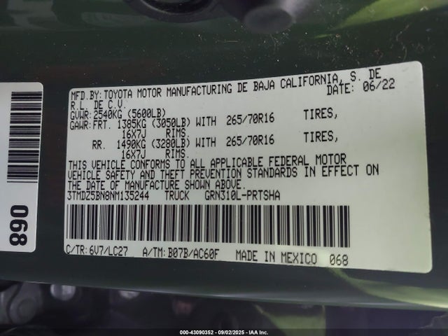 3TMDZ5BN8NM135244 Toyota 2gr-fks