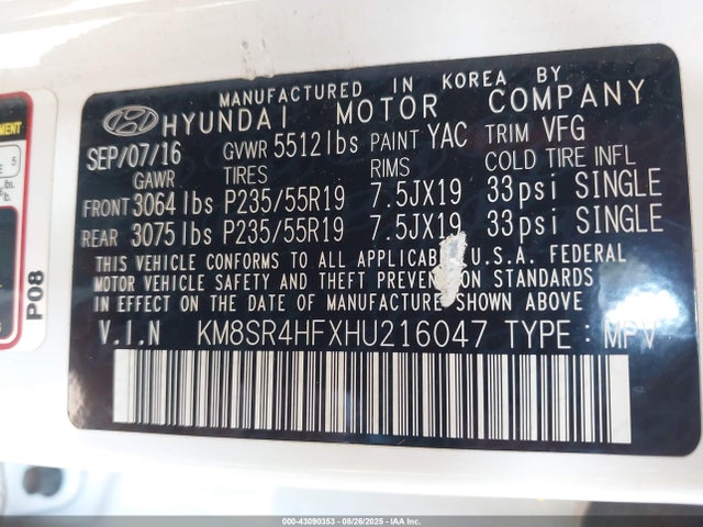 KM8SR4HFXHU216047 Hyundai gdi lambda ii