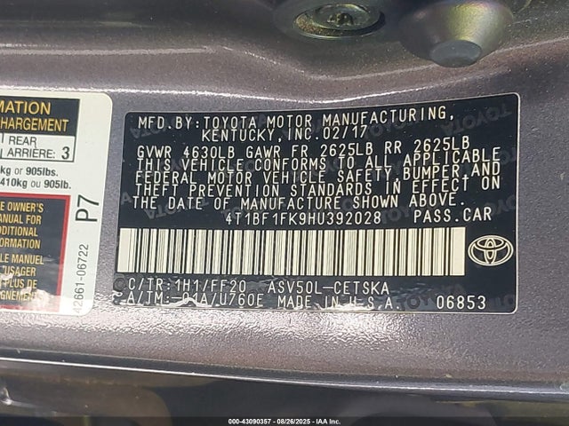 4T1BF1FK9HU392028 Toyota 2ar-fe