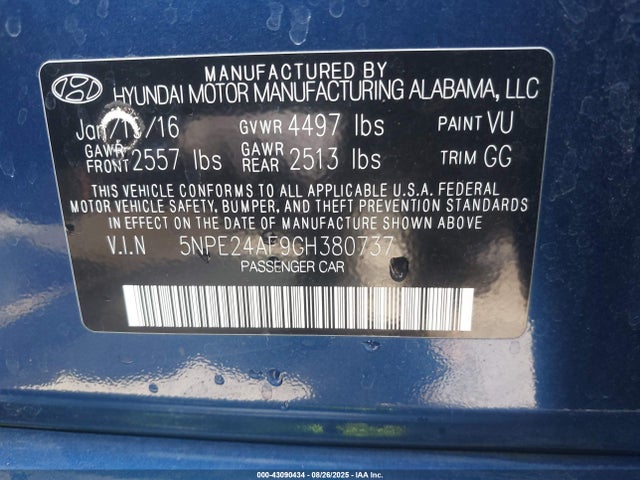 5NPE24AF9GH380737 Hyundai dohc gdi theta-ii