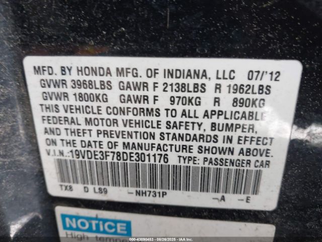 2013 ACURA ILX HYBRID 19VDE3F78DE301176 Photo 8