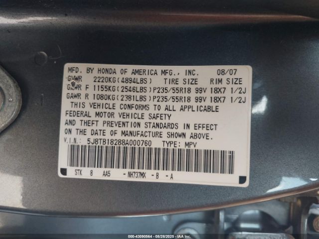 2008 ACURA RDX 5J8TB18288A000760 Photo 8