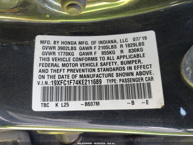 Honda l15b7/l15by 2019 19XFC1F74KE211689 Image 9