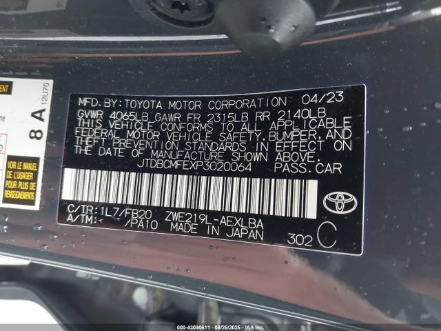 Toyota 2zr-fxe, 1vm 2023 JTDBCMFEXP3020064 Image 9