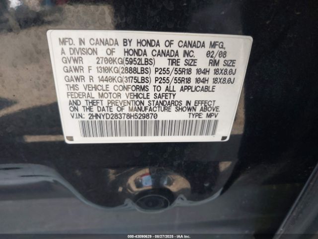2008 ACURA MDX 2HNYD28378H529870 Photo 8