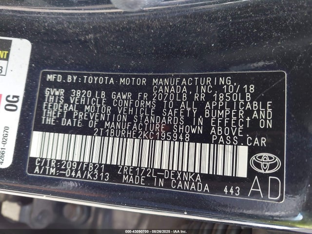 Toyota 2zr-fe 2019 2T1BURHE2KC195948 Image 9