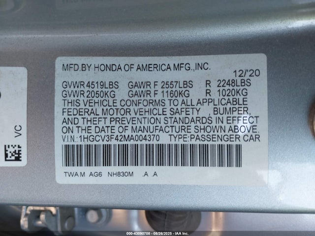 1HGCV3F42MA004370 Honda lfb2