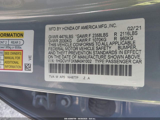Honda l15be 2021 1HGCV1F3XMA041002 Image 9