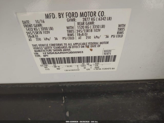 1FM5K8AR0HGB00903 Ford 3.7l ti-vct