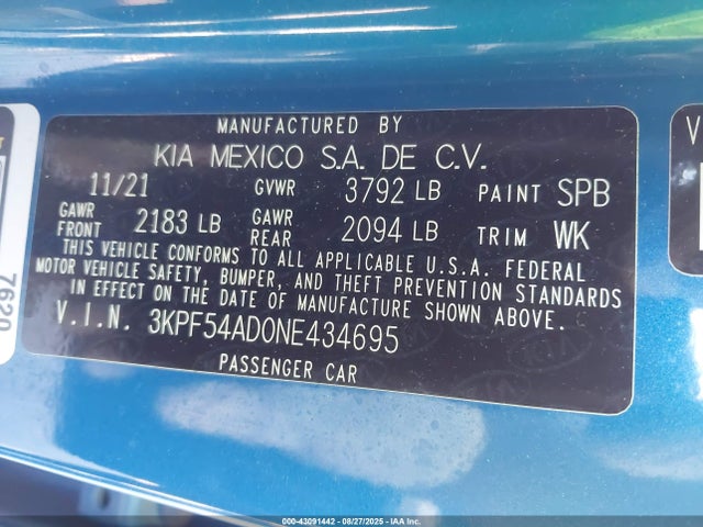 3KPF54AD0NE434695 KIA mpi nu