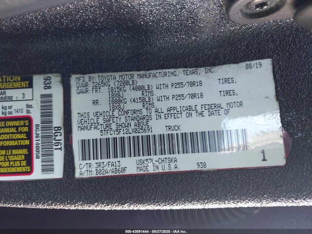 5TFCY5F12LX025691 Toyota 3ur-fe