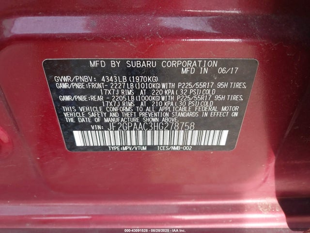 JF2GPAAC3HG278758 Subaru naturally aspirated