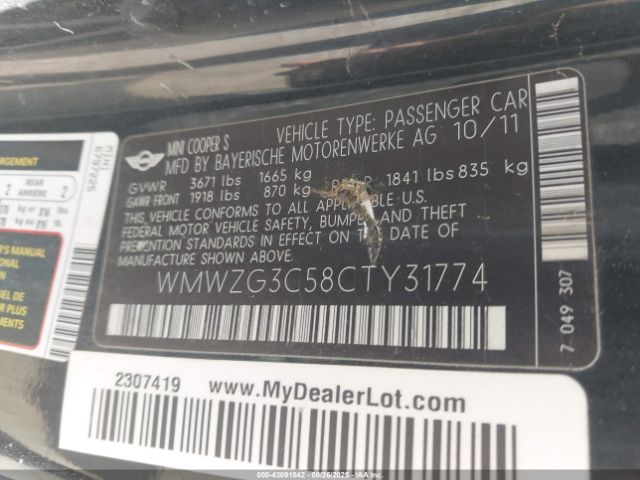 2012 MINI COOPER S CLUBMAN WMWZG3C58CTY31774 Photo 8
