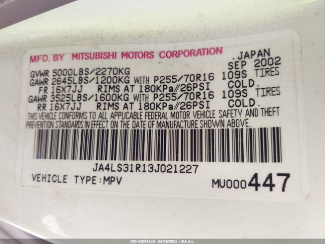 2003 MITSUBISHI MONTERO SPORT JA4LS31R13J021227 Photo 8