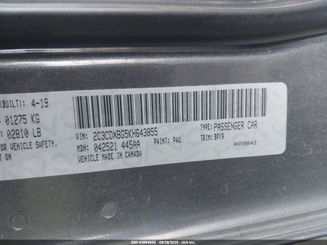 43091632 :رقم المزاد ، 2C3CDXBG5KH643855 vin ، 2019 Dodge Charger Sxt Rwd مزاد بيع